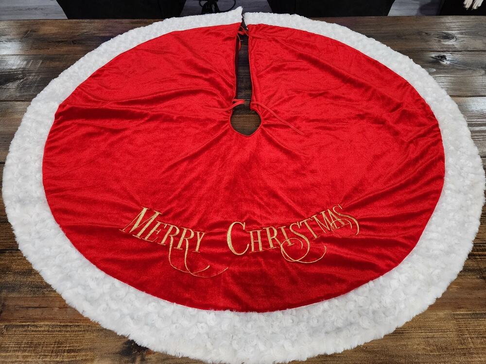 Vintage MERRY CHRISTMAS Red Velvety Tree Skirt w/ Faux Fur 48"